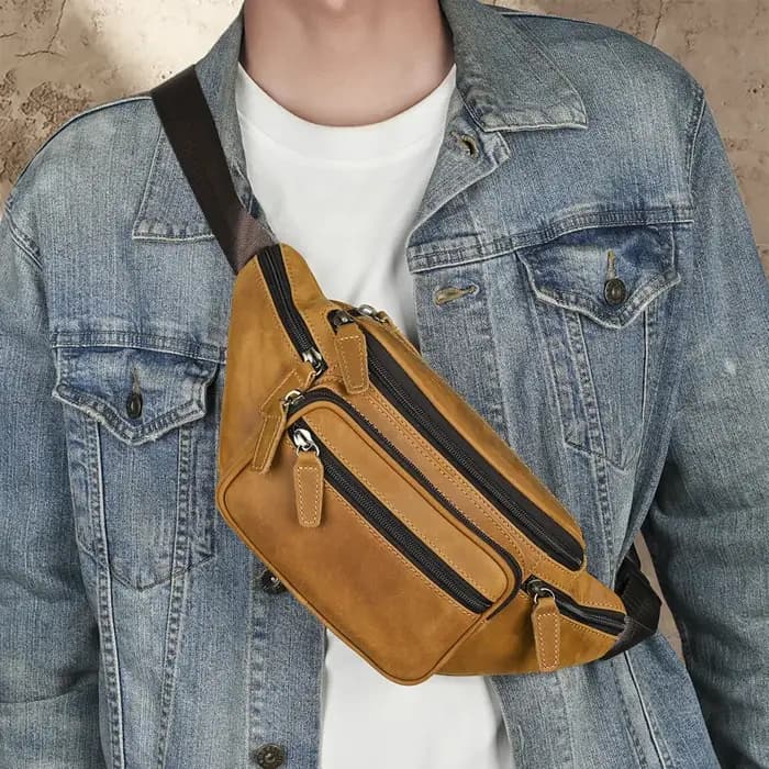 Crazy Horse Skin Sac de taille en cuir avec couche Baotou pour homme Sac à bandoulière multifonctionnel pour sport et