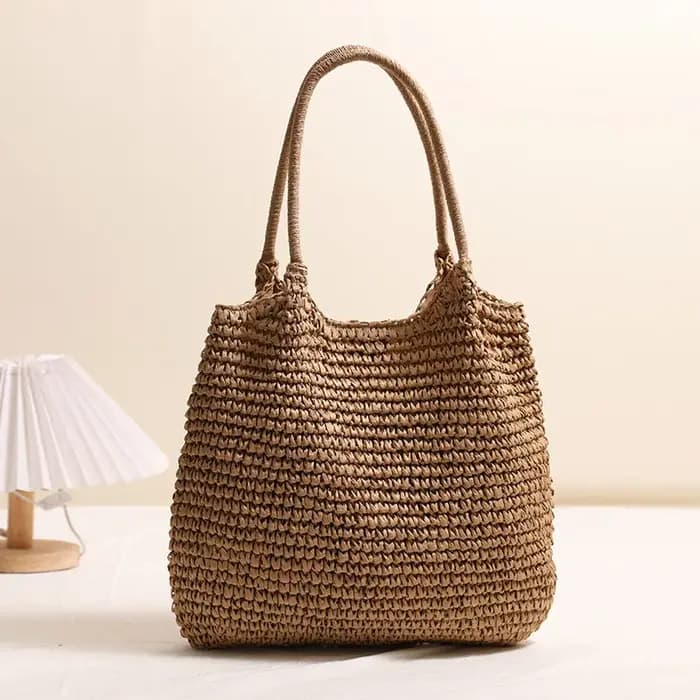 Sac fourre-tout en paille tressé couleur unie, grand sac de plage décontracté carré, sac à bandouliè