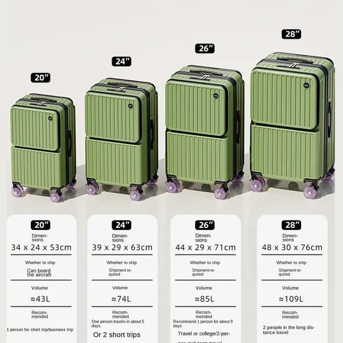Valise de voyage à tige de traction large, cinq roues, porte-bagages de 28 pouces, grande capacité, ouverture avant, pochette d'ordinateur, valise de cabine de 20 pouces
