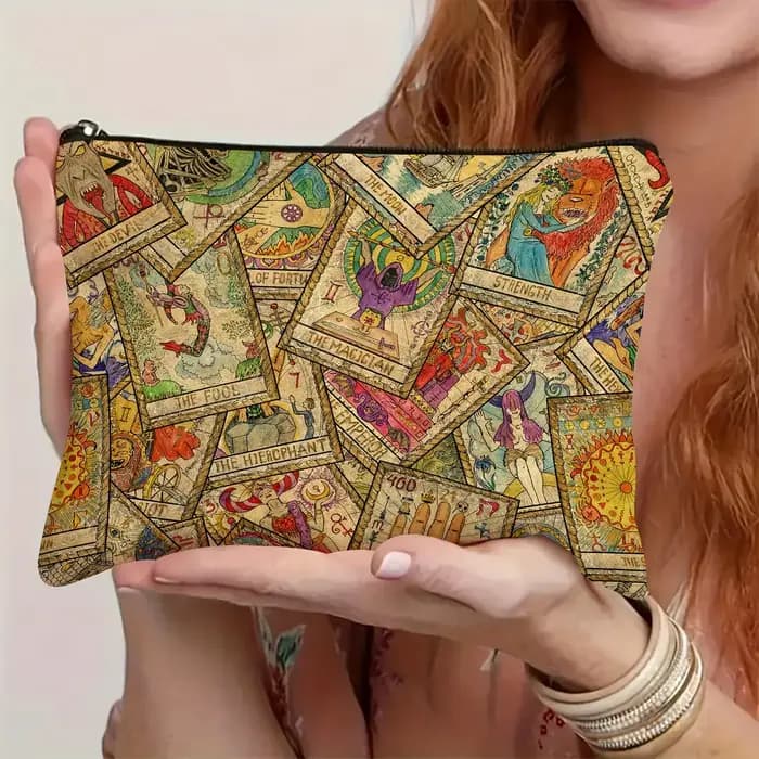 Trousse de maquillage design carte tarot avec fermeture inférieure en T – Symboles astrologiques vibrantes et art
