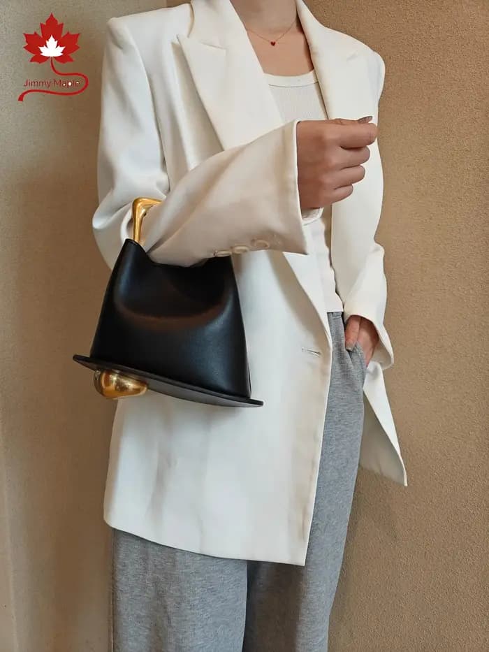 Nouveau élégant haut de gamme seau fourre-tout couleur Beige plaine Satin cuir de vache femmes sac à main poignée en métal femme sac à bandoulière petit