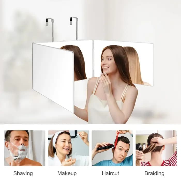 Miroir cosmétique de vanité portable à trois volets avec crochets réglables en hauteur pour un maquillage auto-coupe de cheveux pliable pour le bain et les voyages