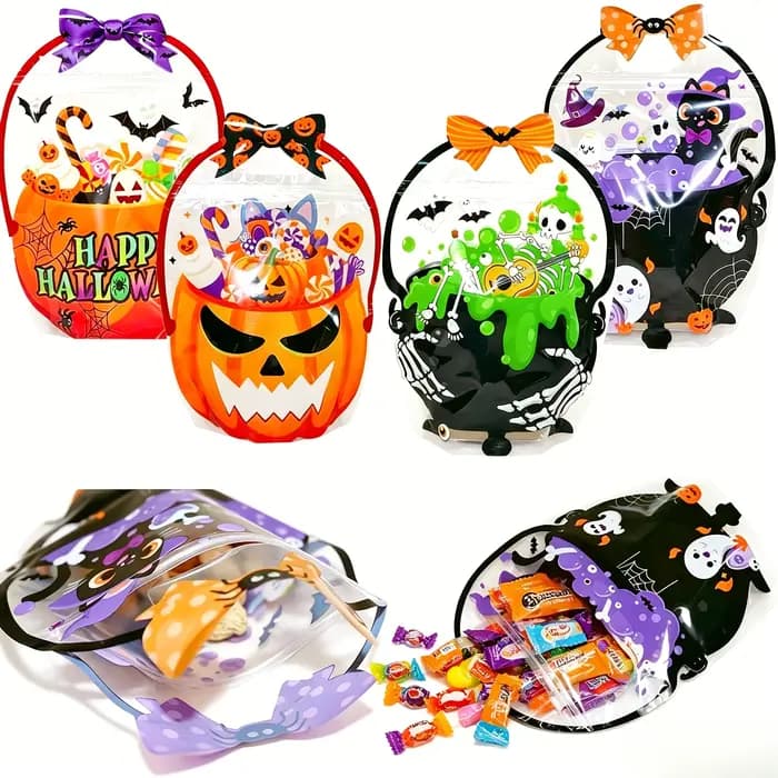 Sacs à bonbons d'Halloween auto-adhésifs (4/8/12 pièces) – Adorables motifs fantômes et citrouilles pour fêtes