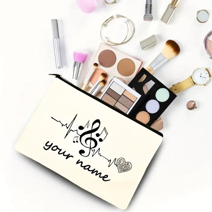 Trousse de maquillage personnalisée - Nom personnalisé avec notes musicales et motif cœur