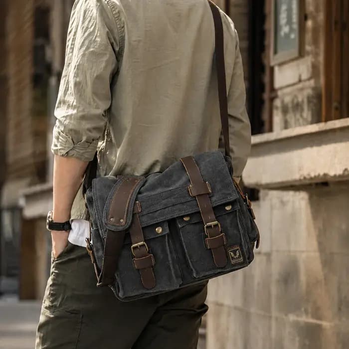Sac messager unisexe en toile et cuir