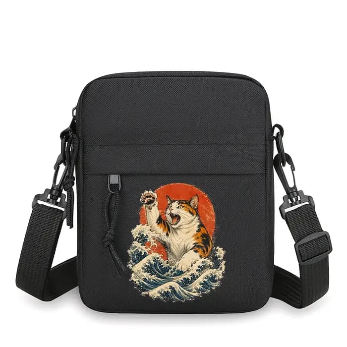 Sac à bandoulière pour homme style japonais vintage motif chat