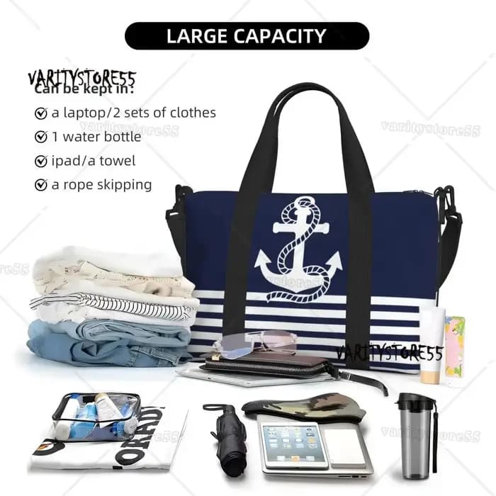 Sac fourre-tout de plage personnalisé à rayures bleu marine et ancre blanche pour femmes