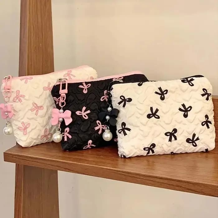 Mini trousse de maquillage Bow pour femme, sac de toilette de voyage, jolie pochette à monnaie, étui léger pour rouge à lèvres, sac de rangement gaufré