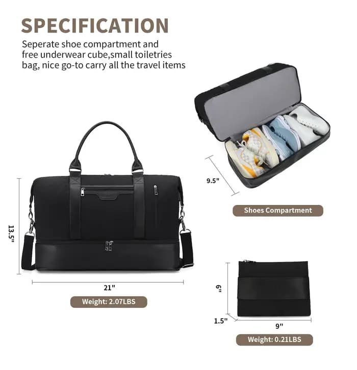 Sacs de week-end pour femmes - Sac de voyage grand format 21 pouces, ensemble de 2 pièces avec compartiment à chaussures, toile et cuir résistants