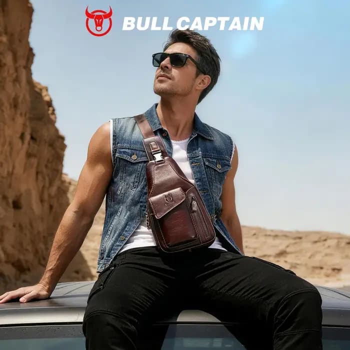 Sac à dos bandoulière en cuir véritable BULLCAPTAIN pour homme