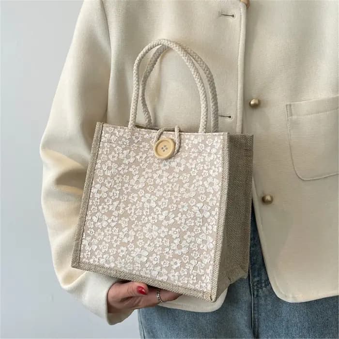 Sac à main fourre-tout en lin avec fermoir à bouton