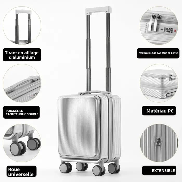 Bagage à main extensible de 16 pouces, valise à ouverture frontale, grand compartiment profond, organisateur humide/sec ABS + PC 360 ° Roues à rotation silencieuses