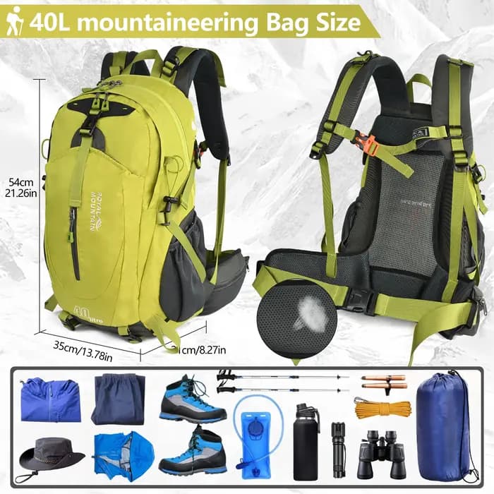 Sac à dos de randonnée en nylon résistant à l'eau 36-55L avec système de transport physiologique et poche ouverte pour marche en plein air