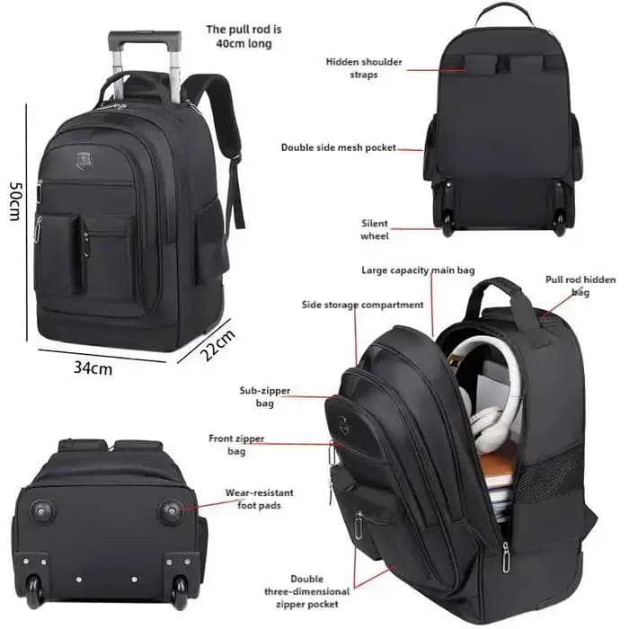 Sac à dos de voyage de grande capacité avec roulettes pour hommes