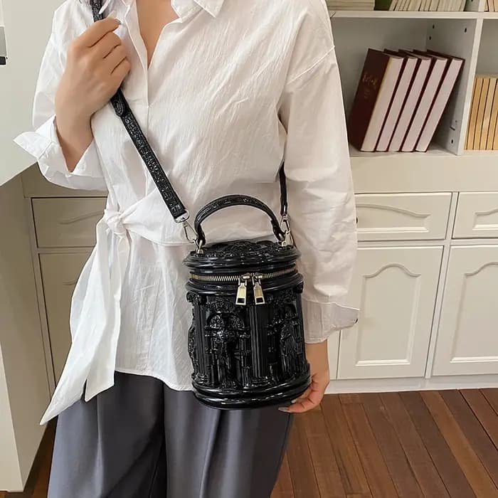 Sac seau mini vintage en PU à relief 3D pour femme