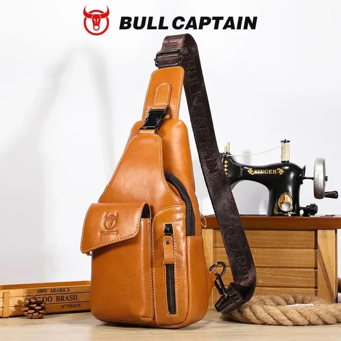 Sac à dos bandoulière en cuir véritable BULLCAPTAIN pour homme, sac de poitrine avec chargement USB,