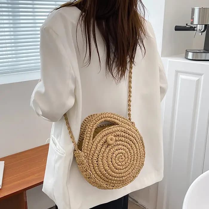 Sac à bandoulière rond en paille tissé à la main pour femmes