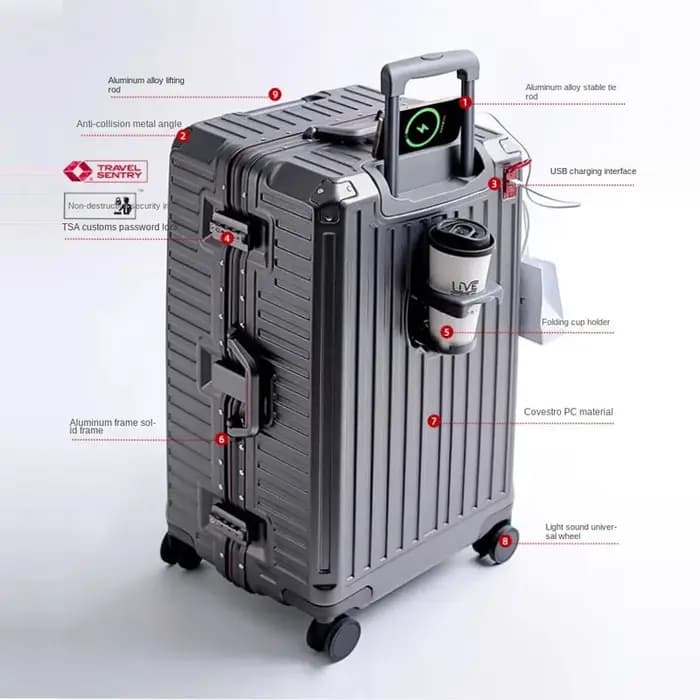 Nouveau Bagage de grande capacité avec porte-gobelet valise 20/24 pouces cadre en aluminium boîte de sécurité 26/28/30
