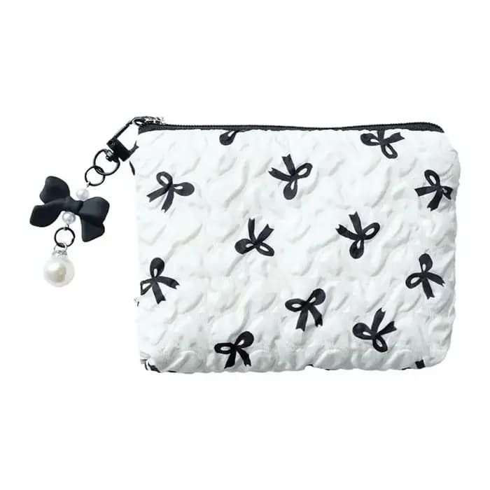 Mini trousse de maquillage Bow pour femme, sac de toilette de voyage, jolie pochette à monnaie, étui léger pour rouge à lèvres, sac de rangement gaufré