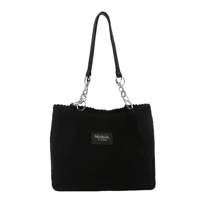 Sac fourre-tout chic en velours côtelé, sac à main avec chaîne tendance spacieuse et accents en cuir