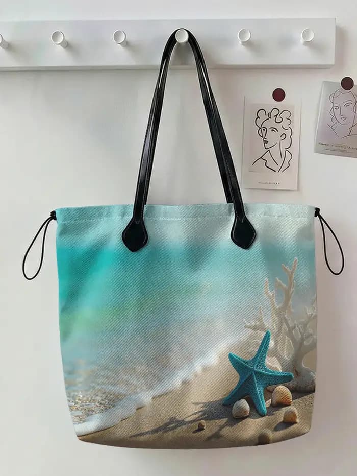 Sac fourre-tout en toile à imprimé étoile de mer, coquillage et corail, grande capacité, sac à bando