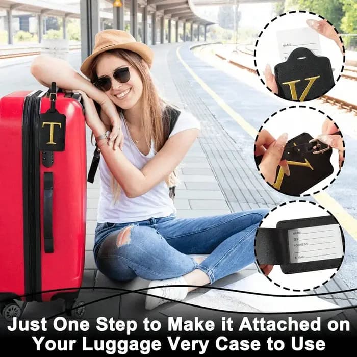 Étiquette de bagage en cuir PU pour voyage-étiquette d'identification de valise durable avec couverture de confidentialité et fente pour carte nominative (A-Z) liu