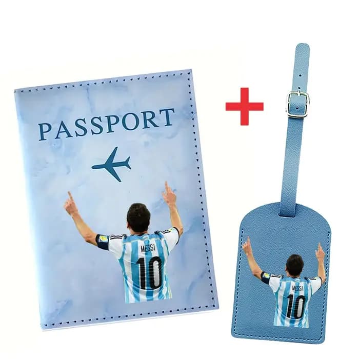 Messi Travel Essentials : Porte-passeport anti-RFID + Ensemble d'étiquettes de bagages en cuir pour femmes et hommes, accessoires de protection pour billets, CADEAU