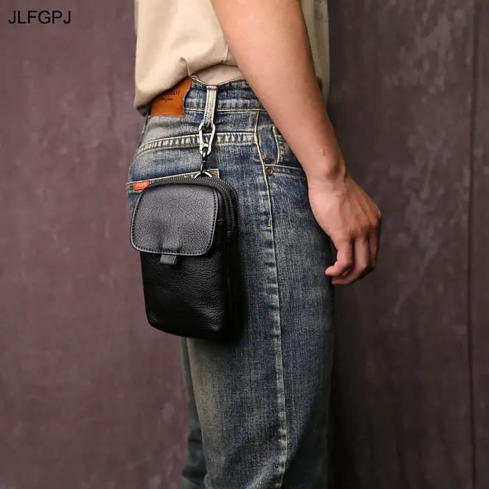 JLFGPJ Mini sac de taille de ceinture portable en cuir véritable pour hommes avec fermeture éclair décontractée