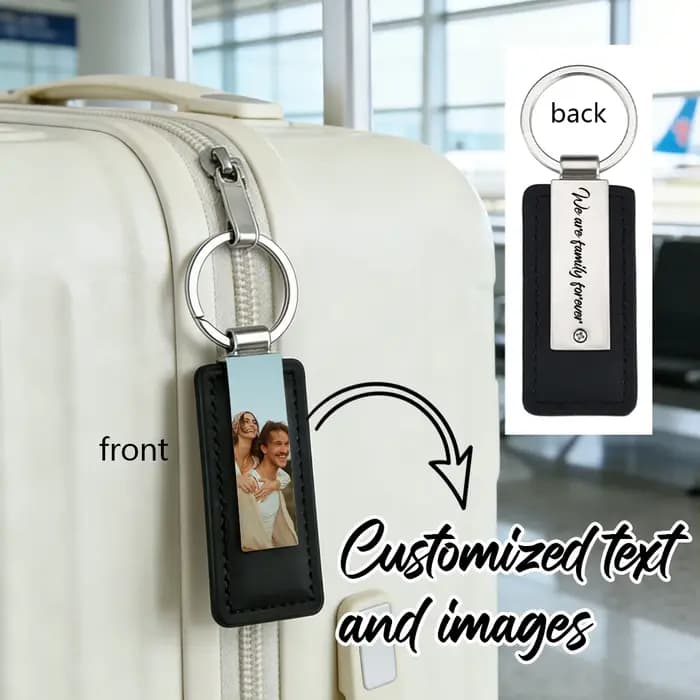 Étiquette de bagage personnalisée en cuir et alliage double face avec photo et texte
