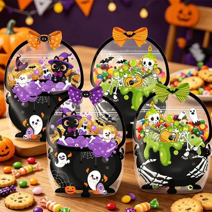 Sacs à bonbons d'Halloween auto-adhésifs (4/8/12 pièces) – Adorables motifs fantômes et citrouilles pour fêtes