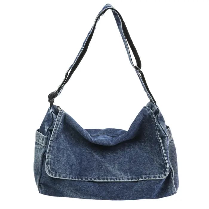 Sac bandoulière en jean délavé vintage grande capacité avec rabat
