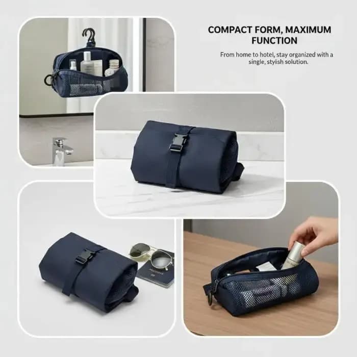 Trousse de Toilette Pliable Imperméable Style Japonais avec Crochet – Organisateur Portable pour Voyages d'Affaires