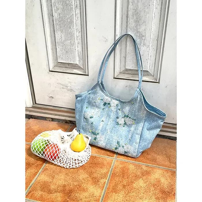 ELFSACK Sac fourre-tout à bandoulière en denim bleu clair avec broderie florale pour femme
