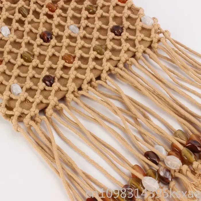 Sac fourre-tout tressé fait main pour femme avec franges à pampilles et détails perlés, style bohème, pour l'été, la plage et le quotidien