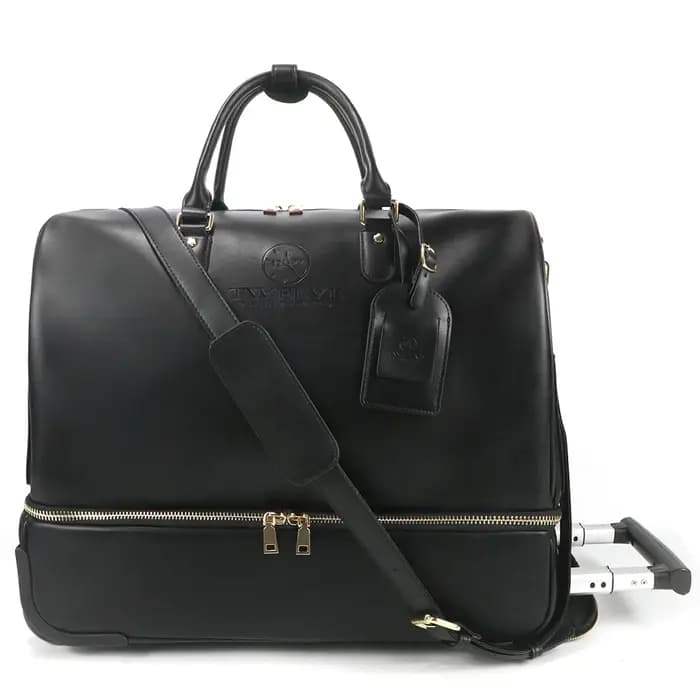 Sac de voyage à roulettes en cuir véritable noir de 19 pouces