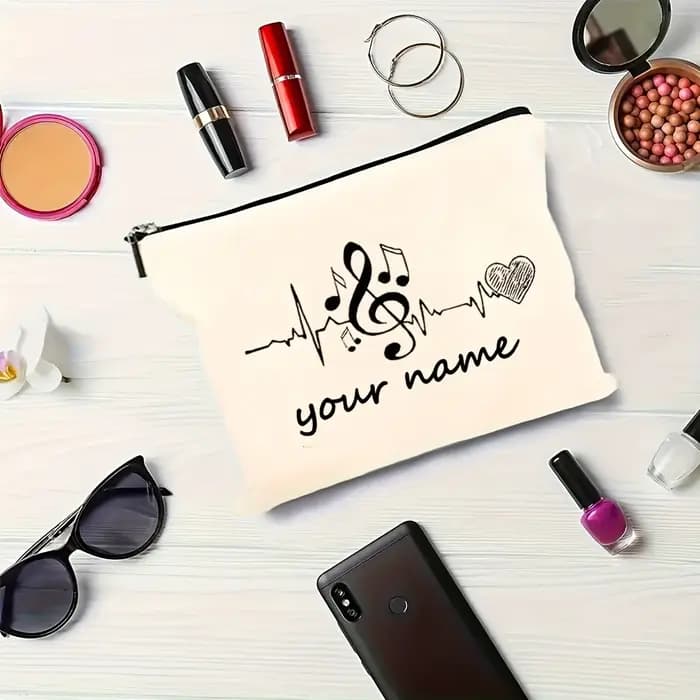 Trousse de maquillage personnalisée - Nom personnalisé avec notes musicales et motif cœur