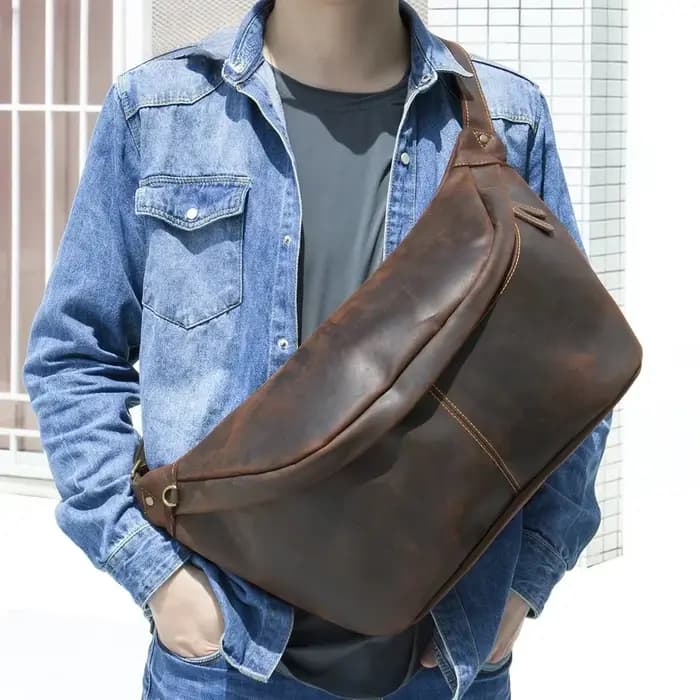 Crazy Horse – sac de poitrine en cuir véritable pour hommes, grande capacité, sacs de taille, sac de