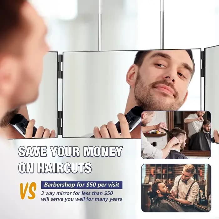Portable de voyage 360 ° Miroir de maquillage pliable à trois volets avec crochet télescopique réglable en hauteur pour