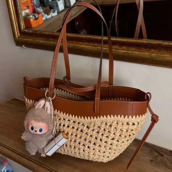 Sac fourre-tout léger en raphia et cuir PU ajouré