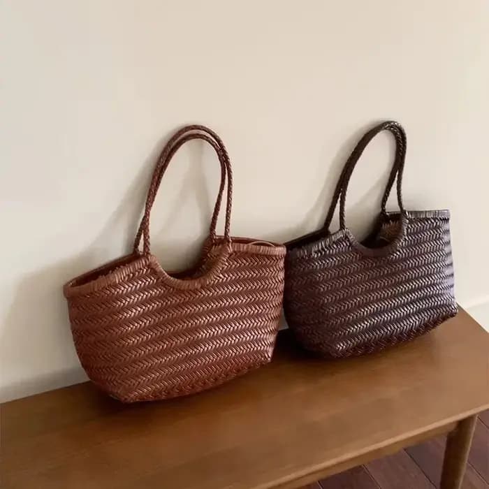 Sac fourre-tout français en cuir véritable tissé à la main