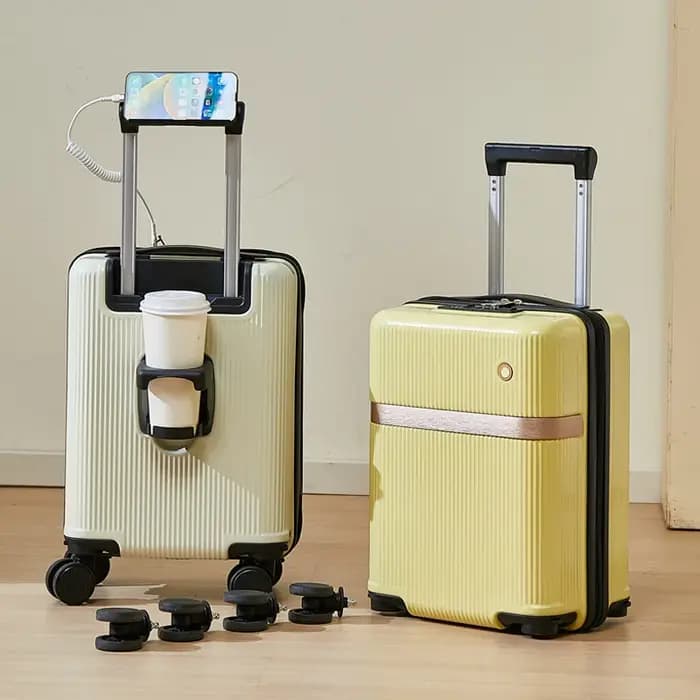 Nouveau bagage à main à la mode de 14 pouces avec taille de cabine, étui d'embarquement avec porte-gobelet/support pour téléphone portable/roues universelles amovibles/verrouillage par mot de passe/in