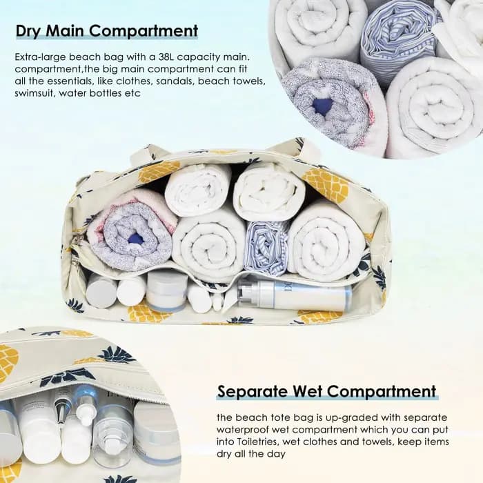 Kabaqoo Sac fourre-tout de plage grande capacité pour femme en tissu Oxford imperméable rayé, sacs de voyage multi-poches pliables avec poignée supérieure