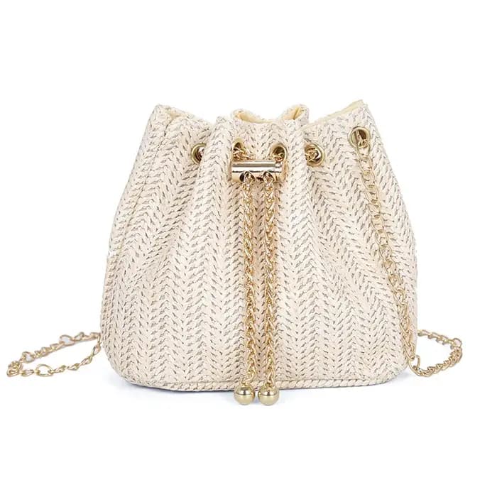 JOinitied-Sac messager beige en paille tressée pour femme, sac en métal doré, sac de plage d'été, mo