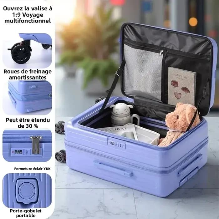 Valise extensible multifonctionnelle à ouverture frontale avec porte-gobelet