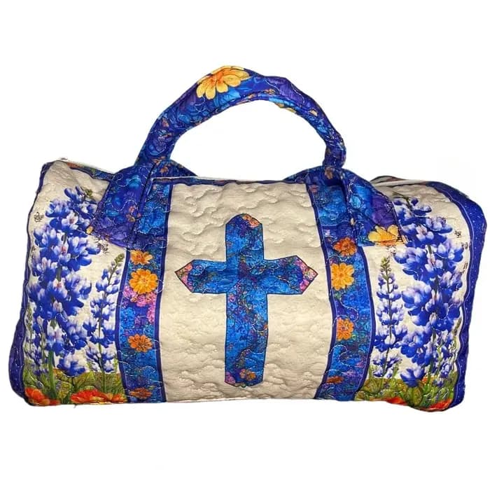 Sac de voyage cylindrique en toile matelassée 3D avec motif floral bleu croisé