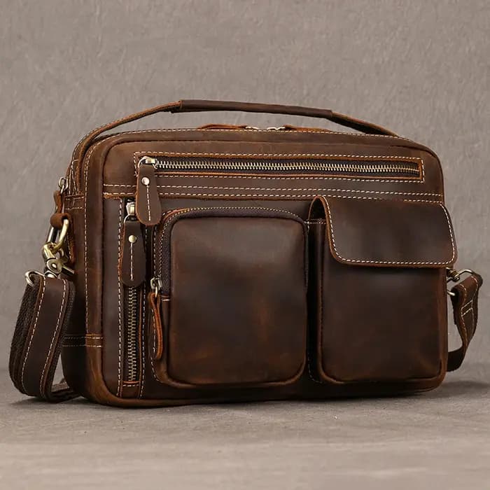 Grand sac à bandoulière en cuir véritable pour hommes