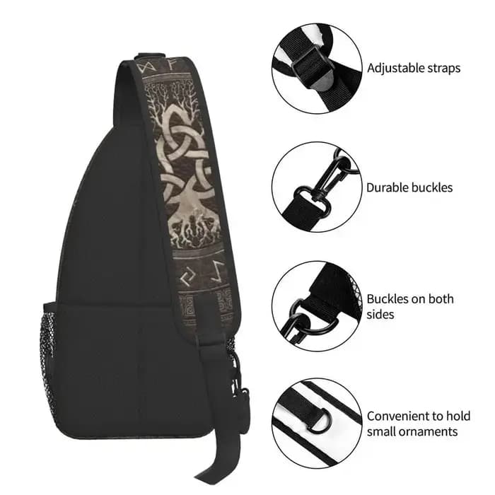 Sac à dos à bandoulière en cuir marron arbre de vie avec Triquetra pour hommes