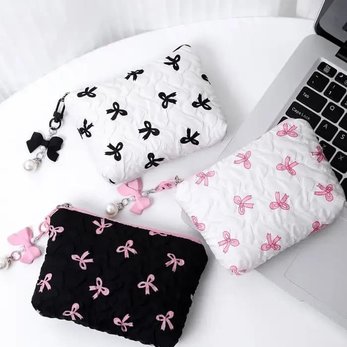 Mini trousse de maquillage Bow pour femme, sac de toilette de voyage, jolie pochette à monnaie, étui léger pour rouge à lèvres, sac de rangement gaufré