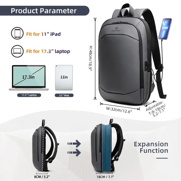 HK Business sac à dos pour hommes 17 pouces sac à dos pour ordinateur portable avec Port USB mince extensible étanche sac de voyage grand sac d'ordinateur de travail