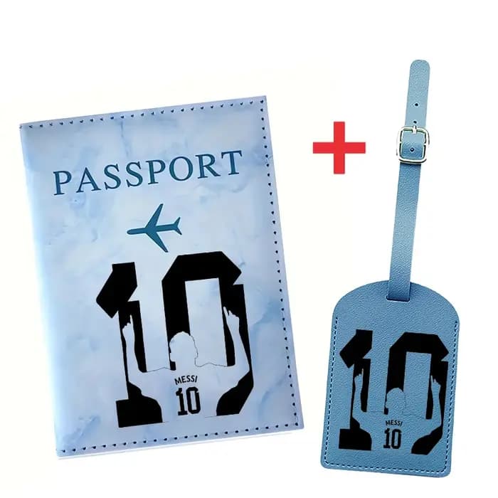 Messi Travel Essentials : Porte-passeport anti-RFID + Ensemble d'étiquettes de bagages en cuir pour femmes et hommes, accessoires de protection pour billets, CADEAU